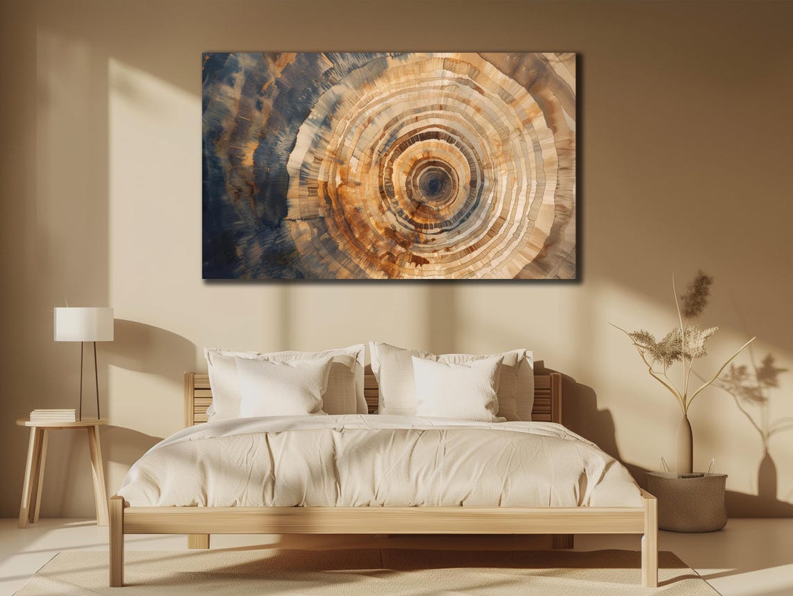 Abstract Tree Rings Cross Section Navy Blue and Amber Wood Poster - Image 3