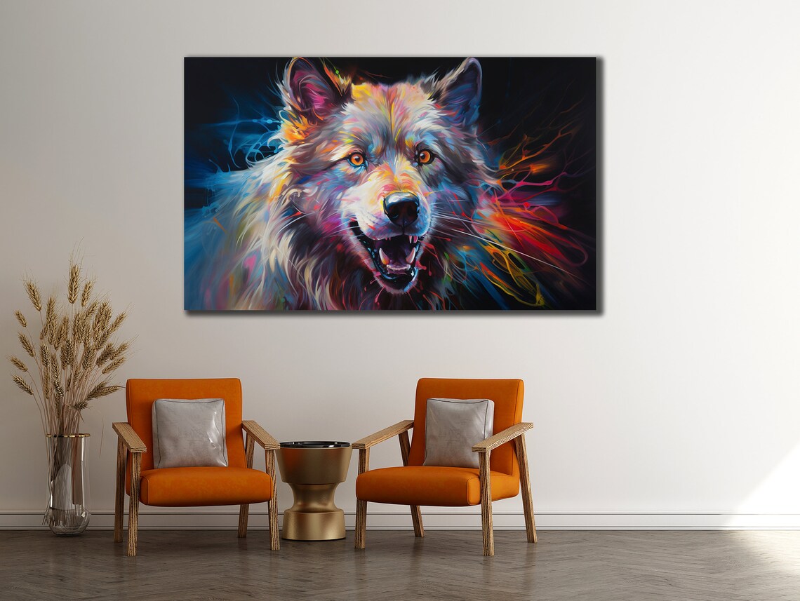 Colorful Wolf Face Neon Splash Art Dark Background Fierce Wild Animal Wall Poster - Image 3