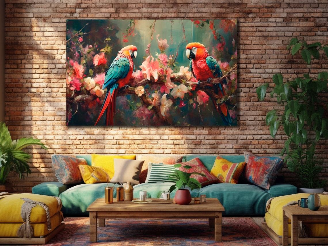 Two Scarlet Macaws Perched on Flowering Branch Tropical Bird Poster