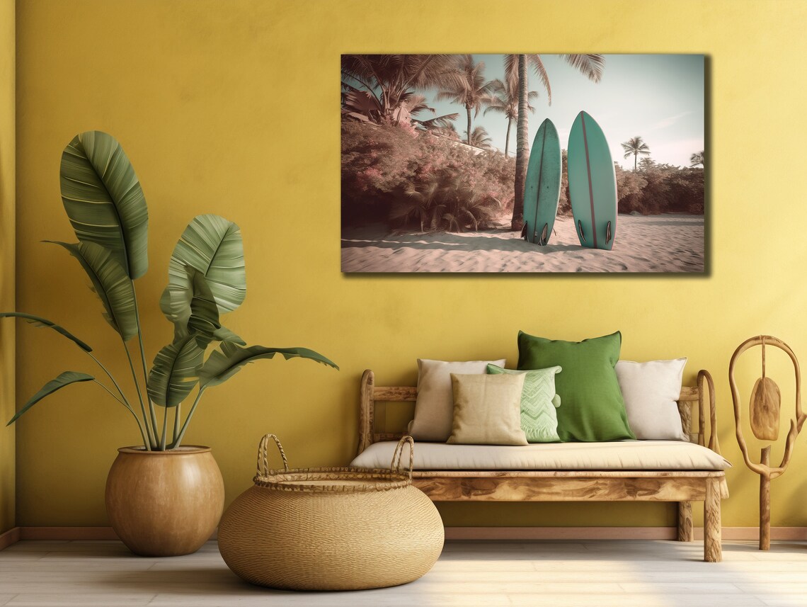 Surfboards on Tropical Beach Palm Trees Summer Coastal Wall Art Poster