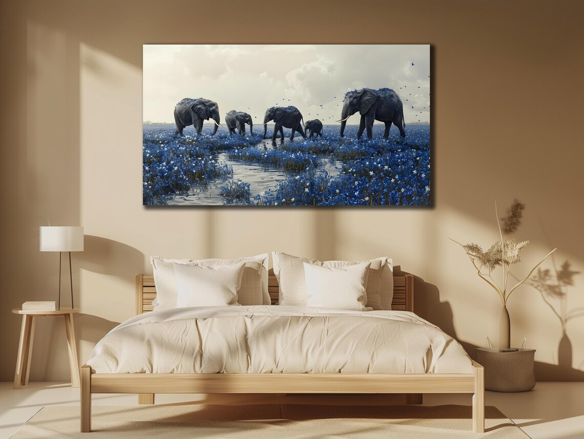 Elephant Family Blue Flower Field Surreal Dreamlike Wildlife Poster - Image 2