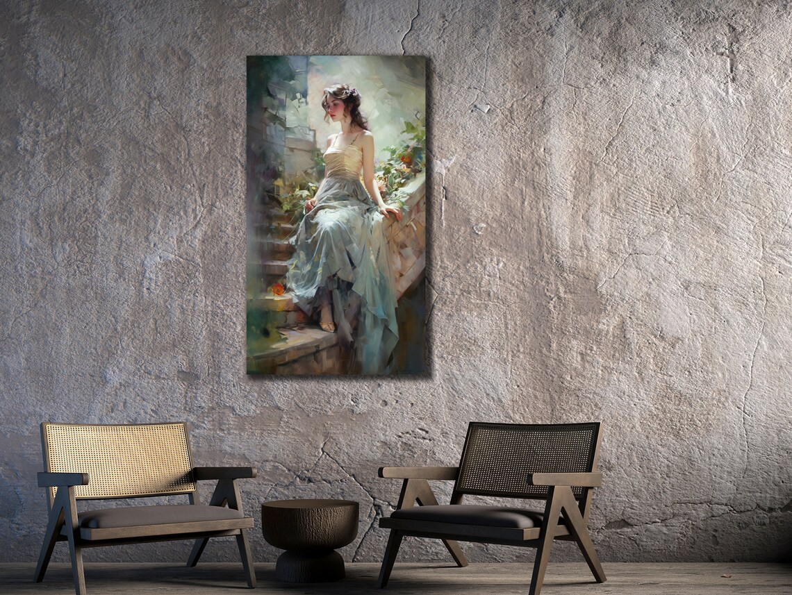 Elegant Young Woman Blue Dress Steps Painterly Portrait Wall Art Poster - Image 3
