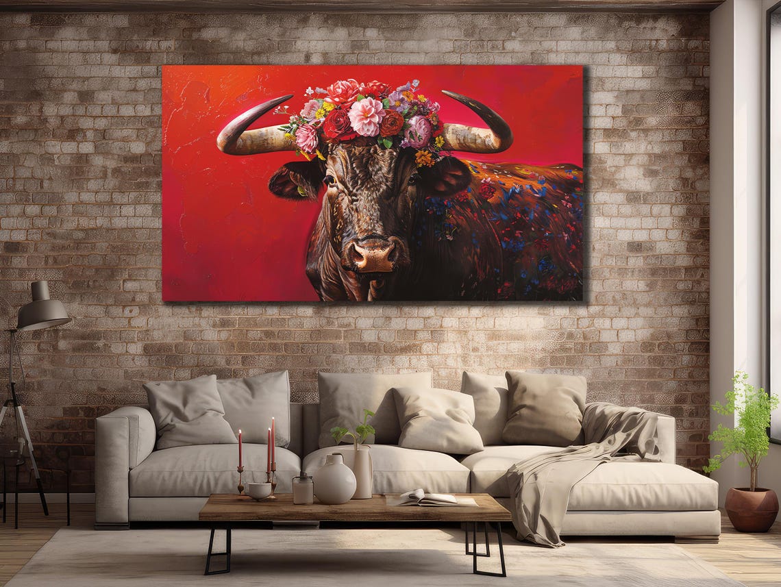 Flowercow Printing Cow Wall Decor Abstract Animal Wall Art Painting On Colorful Animal Art Farmhouse For Gifts - Image 2