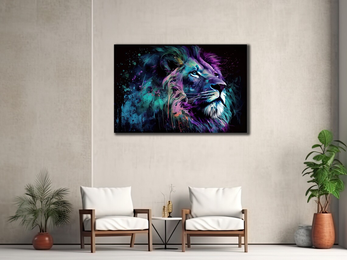 Neon Lion Head Portrait Black Background Colorful Wildlife Art Poster - Image 3