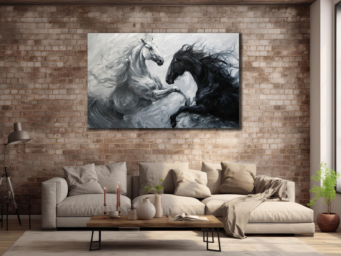 White and Black Horses Rearing Grey Watercolor Abstract Stallion Print