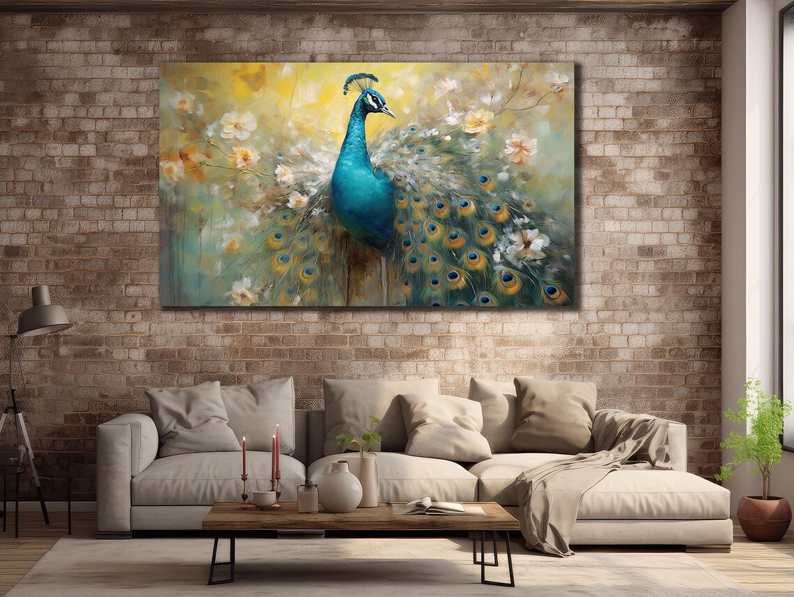 Peacock With Fanned Tail Teal Golden Floral Elegant Bird Art Poster - Image 3