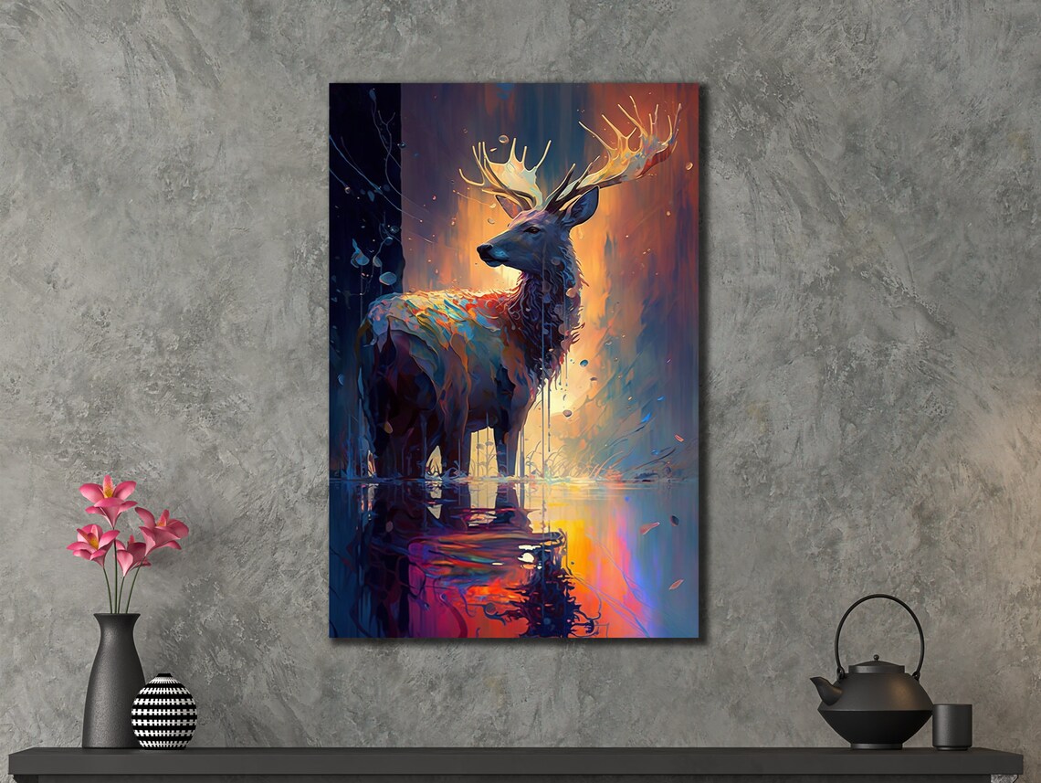 Majestic Stag Antlers Sunset Water Reflection Wildlife Art Poster - Image 3