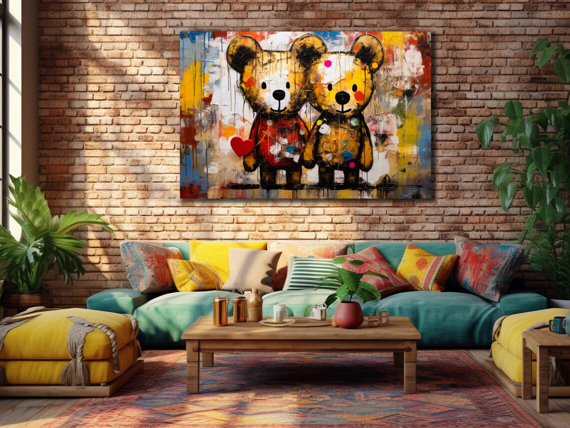 Cute Teddy Bears Graffiti Colorful Heart Kids Room Decor Wall Art Poster