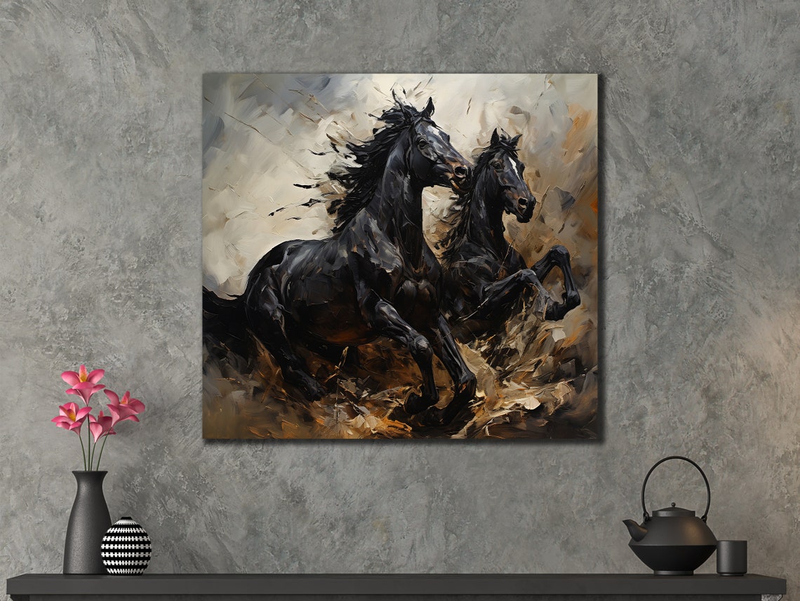 Two Black Horses Galloping Grayscale Brown Dust Powerful Equine Poster - Image 3