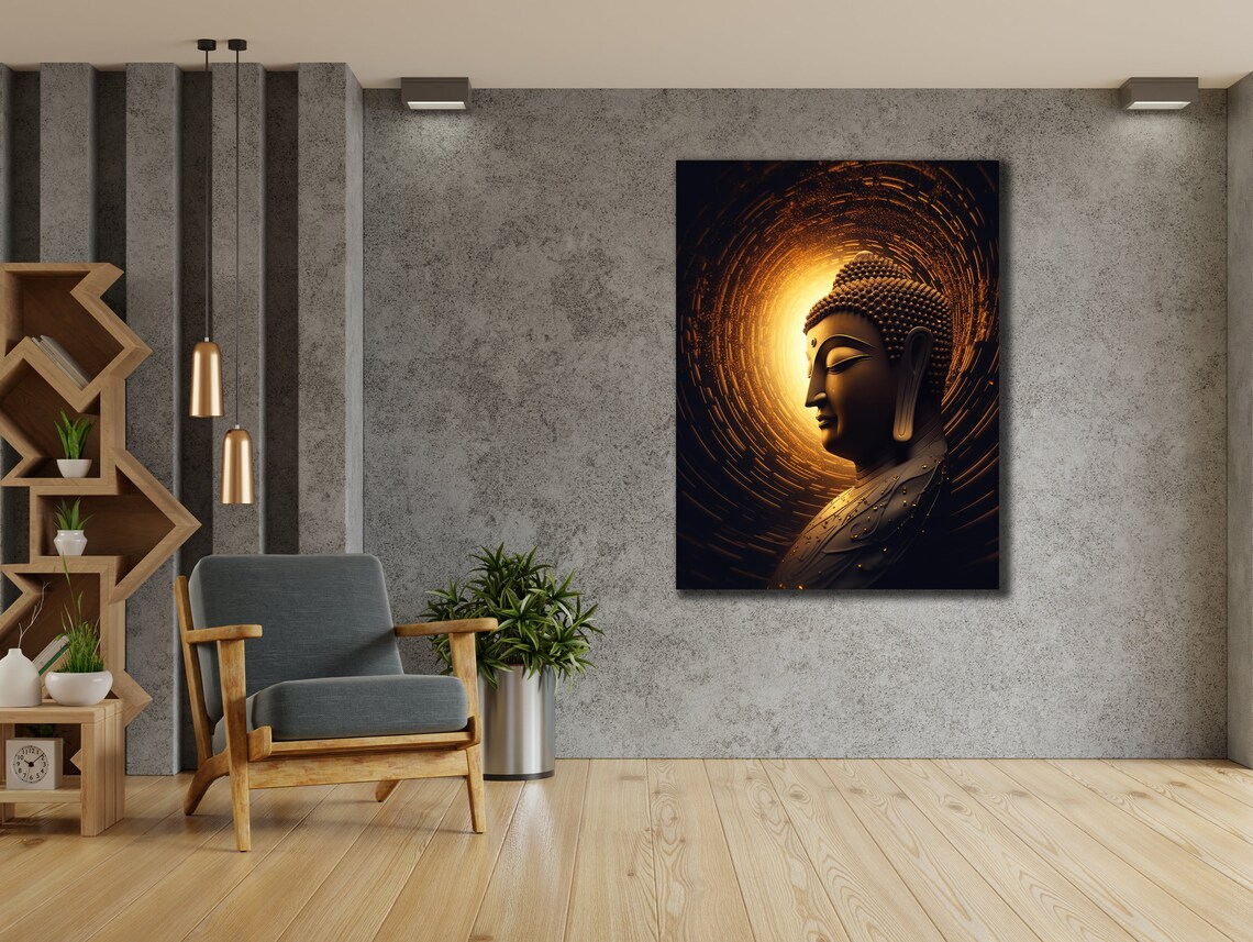 Golden Buddha Profile Radiant Halo Dark Serene Spiritual Wall Art Poster - Image 2