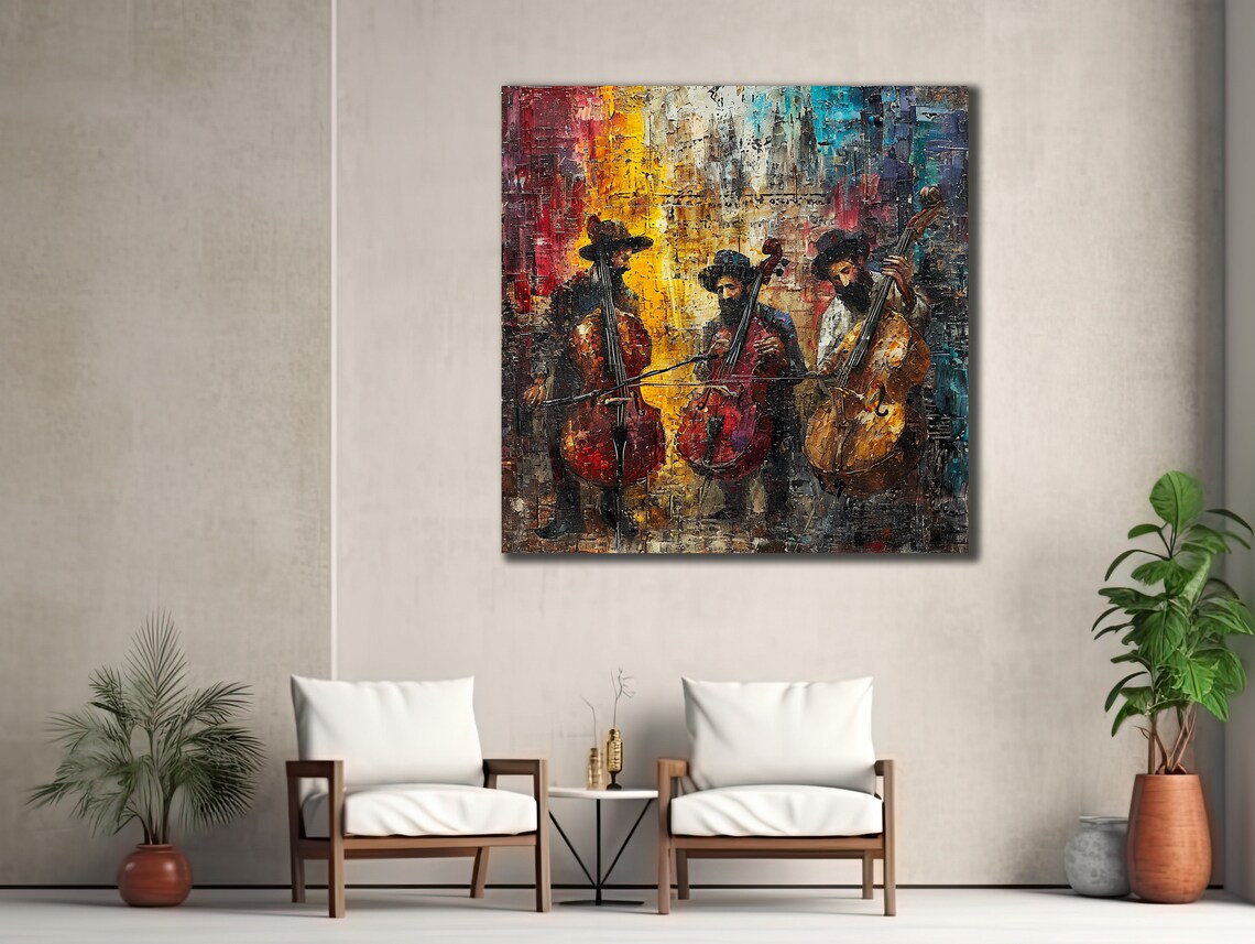 Jazz Double Bass Trio Street Musicians Colorful Oil Painting Poster - Image 2