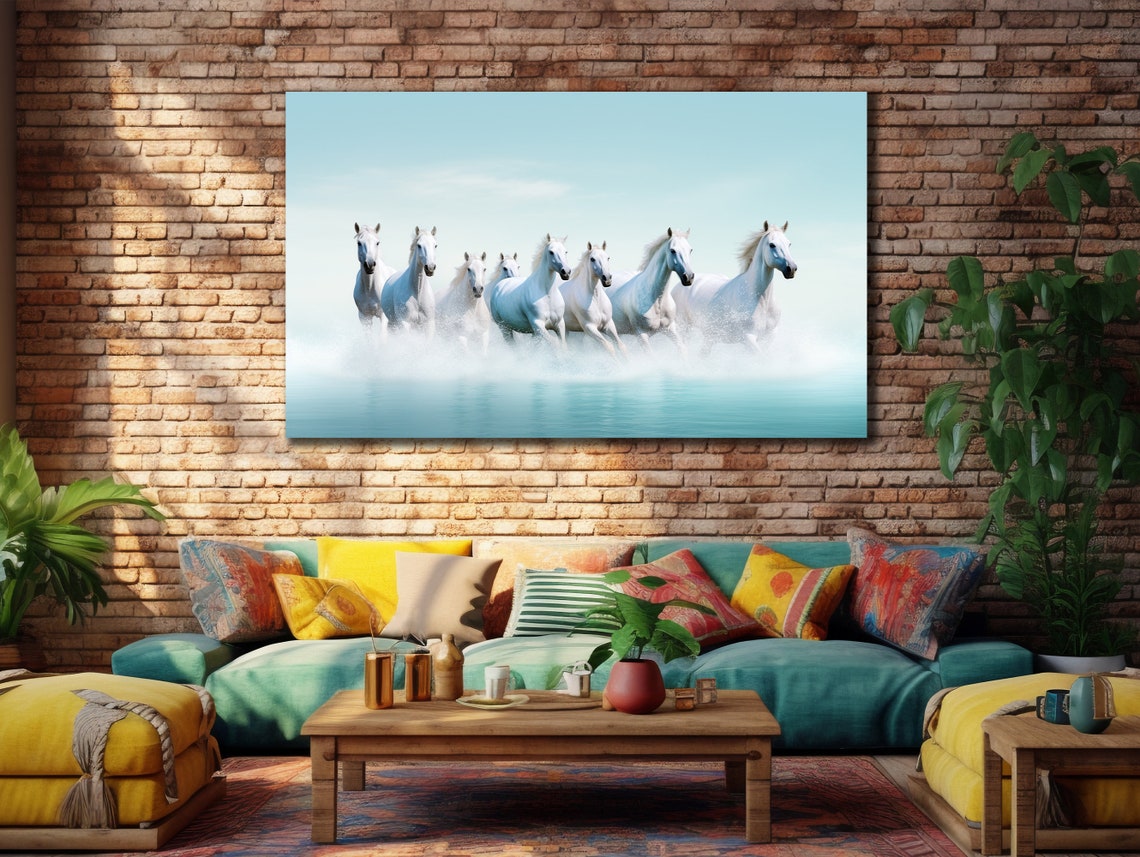 White Horses Running Through Water Mist Minimal Animal Art Poster