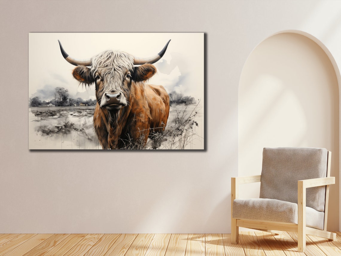 Highland Cow Portrait Misty Meadow Watercolor Farmhouse Wall Art Print - Image 2