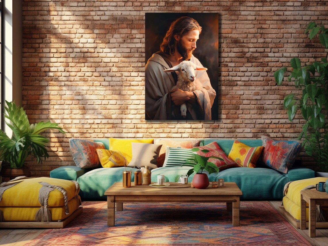Jesus Holding White Lamb Warm Light Tender Christian Wall Art Poster