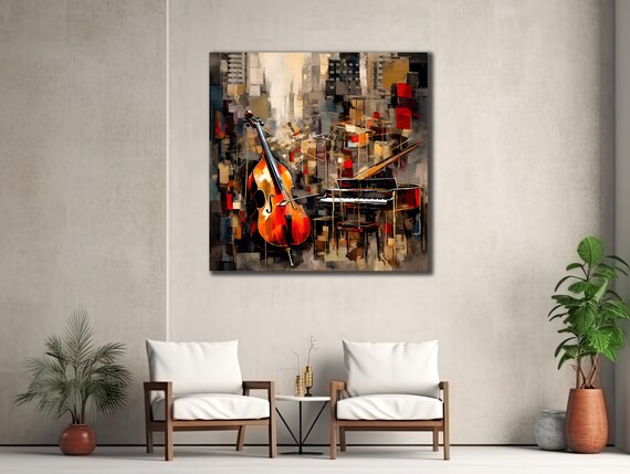 Cello Piano Abstract City Jazz Cubist Instrument Painting Poster