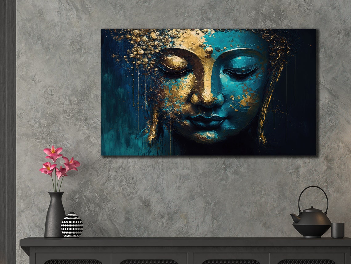 Teal Blue Buddha Face Gold Spiritual Meditation Art Wall Poster - Image 3