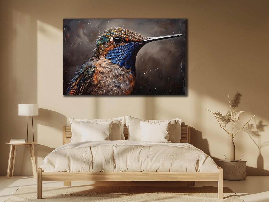 Hummingbird Portrait Iridescent Blue Throat Dark Smoky Art Print