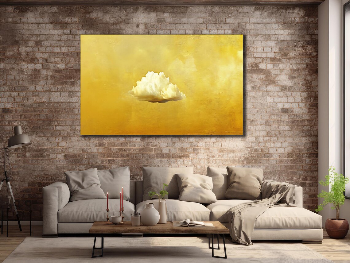 Single White Cloud Golden Yellow Sky Minimalist Abstract Wall Poster