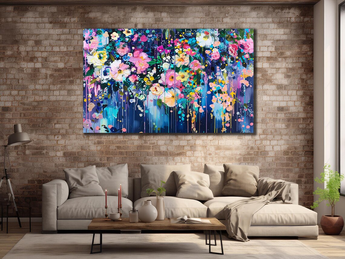 Vibrant Abstract Floral Garden Midnight Blue Dripping Paint Art Poster