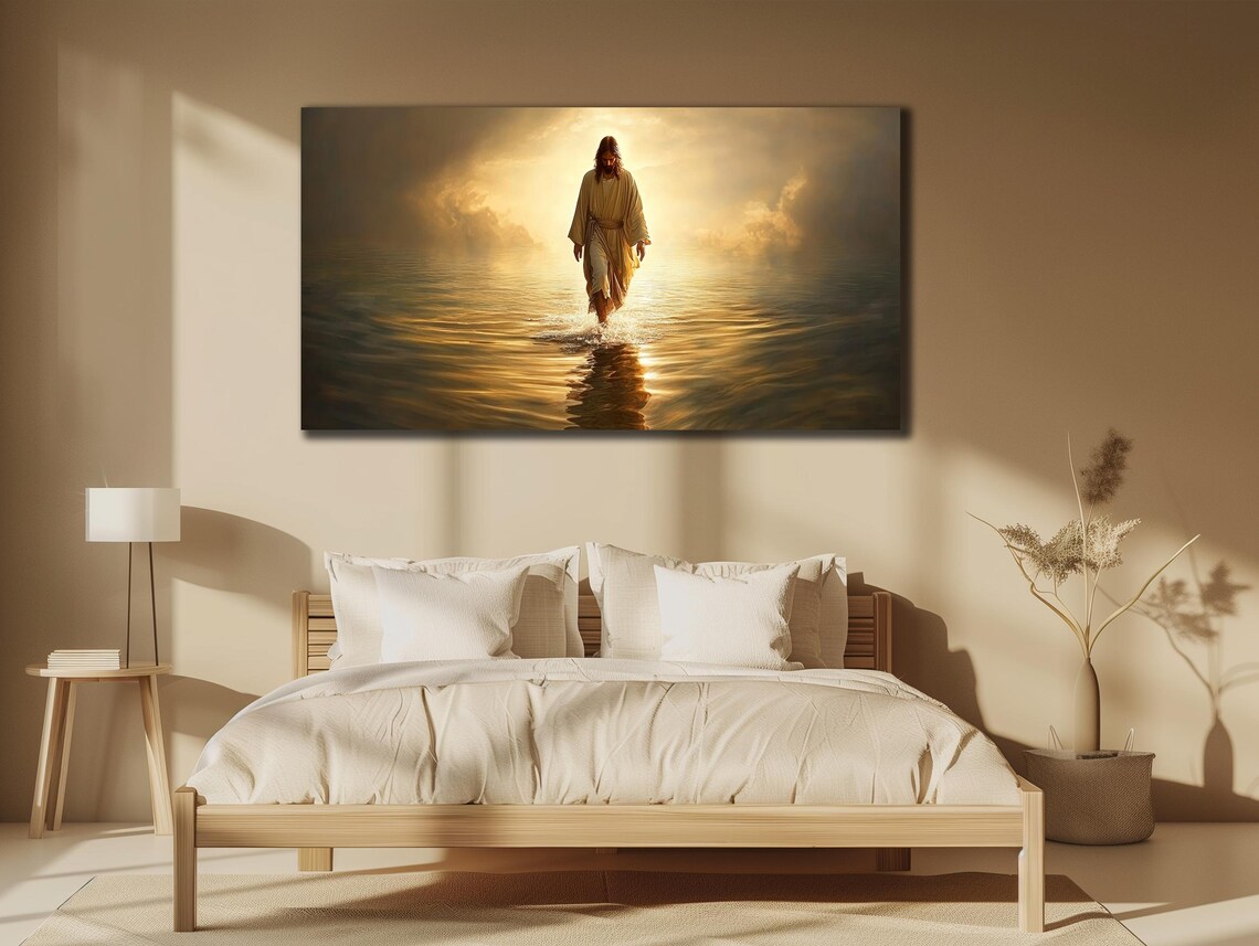 Jesus Walking On Water Golden Light Faith Spiritual Painting Poster