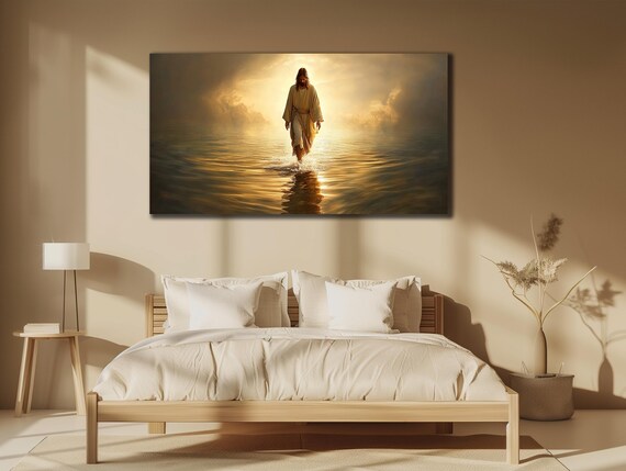 Jesus Walking On Water Golden Light Faith Spiritual Painting Poster