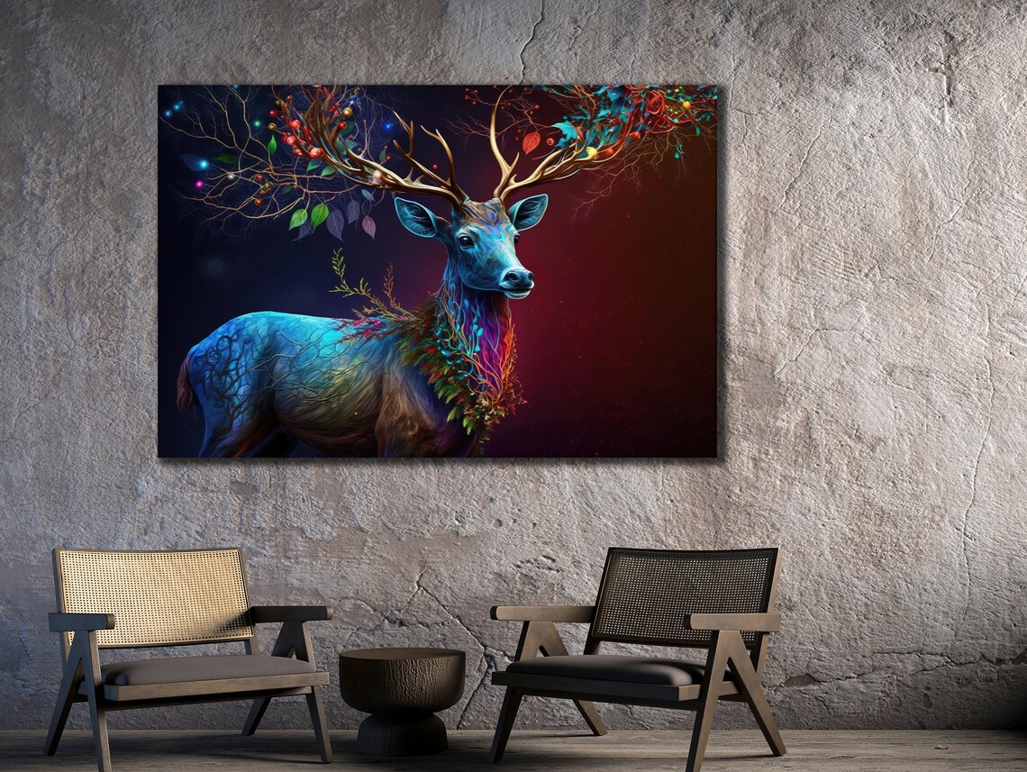 Blue Deer Stag Lights Antlers Painting Enchanted Forest Magical Animal Art Poster - Image 2