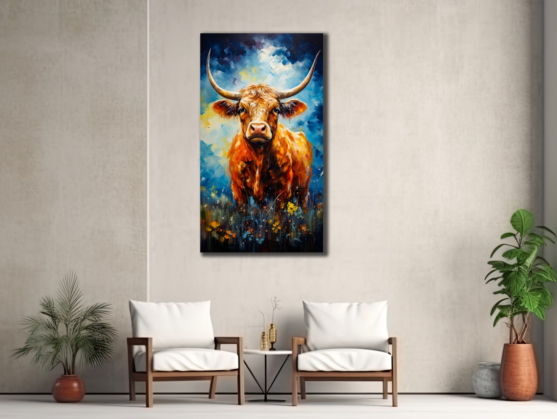 Highland Cow Portrait Blue Yellow Meadow Rustic Cattle Art Poster