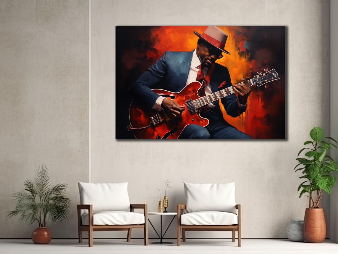 Jazz Guitarist In Suit And Hat Playing Red Electric Guitar Poster - Image 2