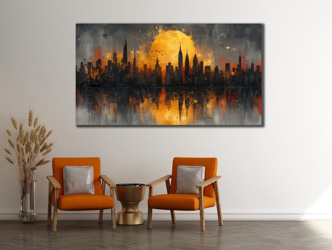 New York City Skyline Sunset Water Reflection Manhattan Art Poster - Image 3