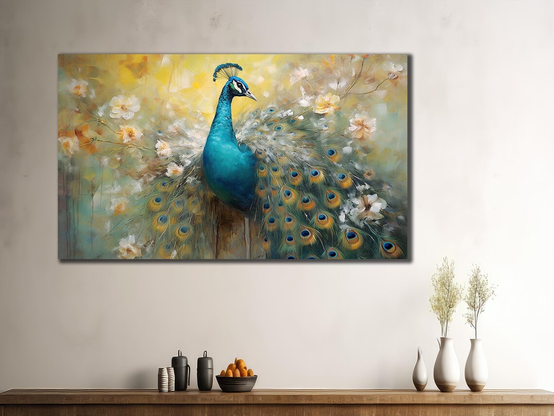 Peacock With Fanned Tail Teal Golden Floral Elegant Bird Art Poster - Image 2
