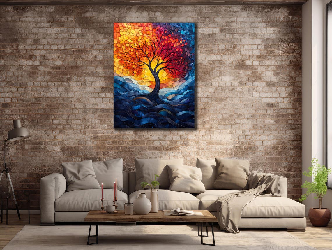 Tree of Life Mosaic Stained Glass Sunset Blue Ocean Waves Art Poster - Image 3