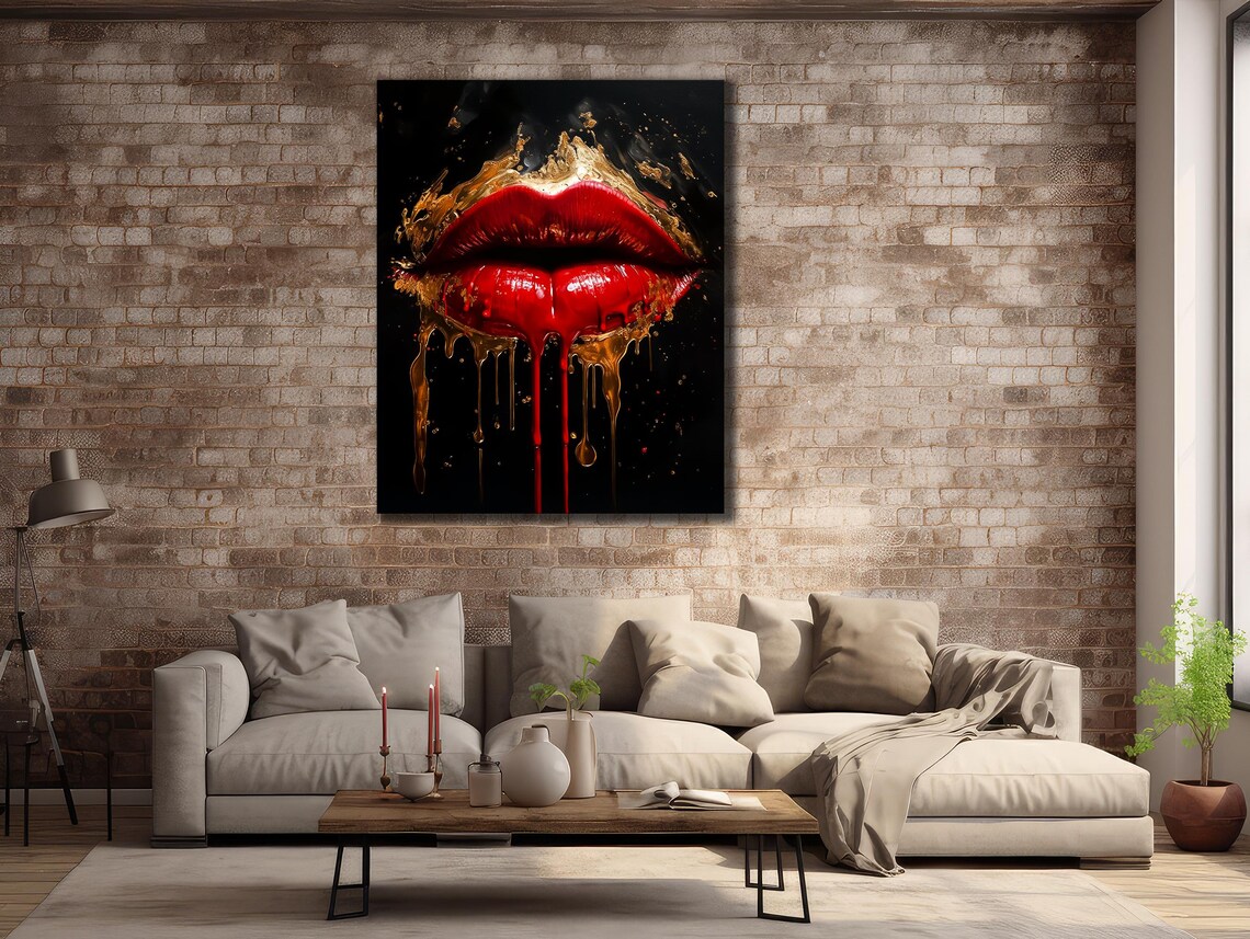Red Lips Gold Drip Painting Black Background Bold Glamour Art Poster - Image 2