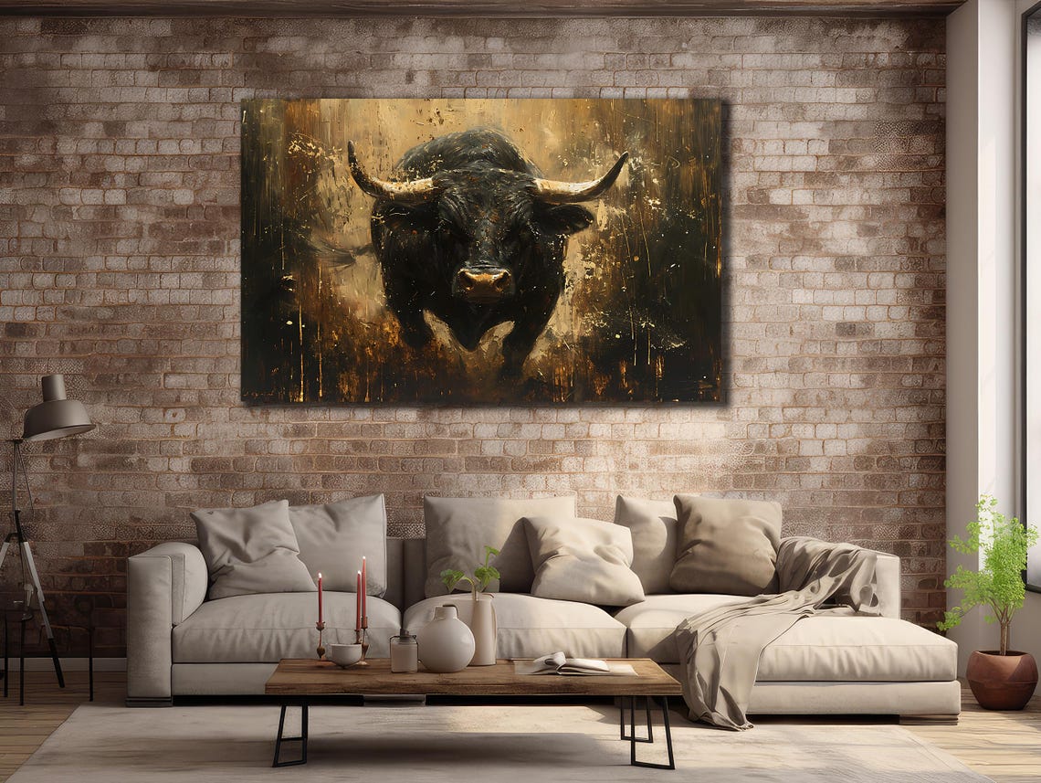 Fierce Black Bull Charging Gold Dust Dramatic Dark Animal Poster