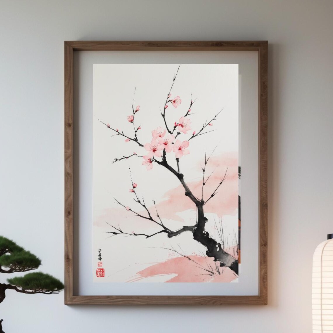 Japanese Cherry Blossom Ink Painting Branch Minimalist Zen Poster