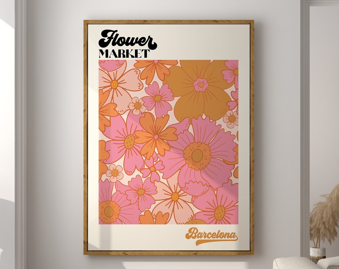 Barcelona Flower Market Retro 70s Pink Orange Groovy Floral Poster