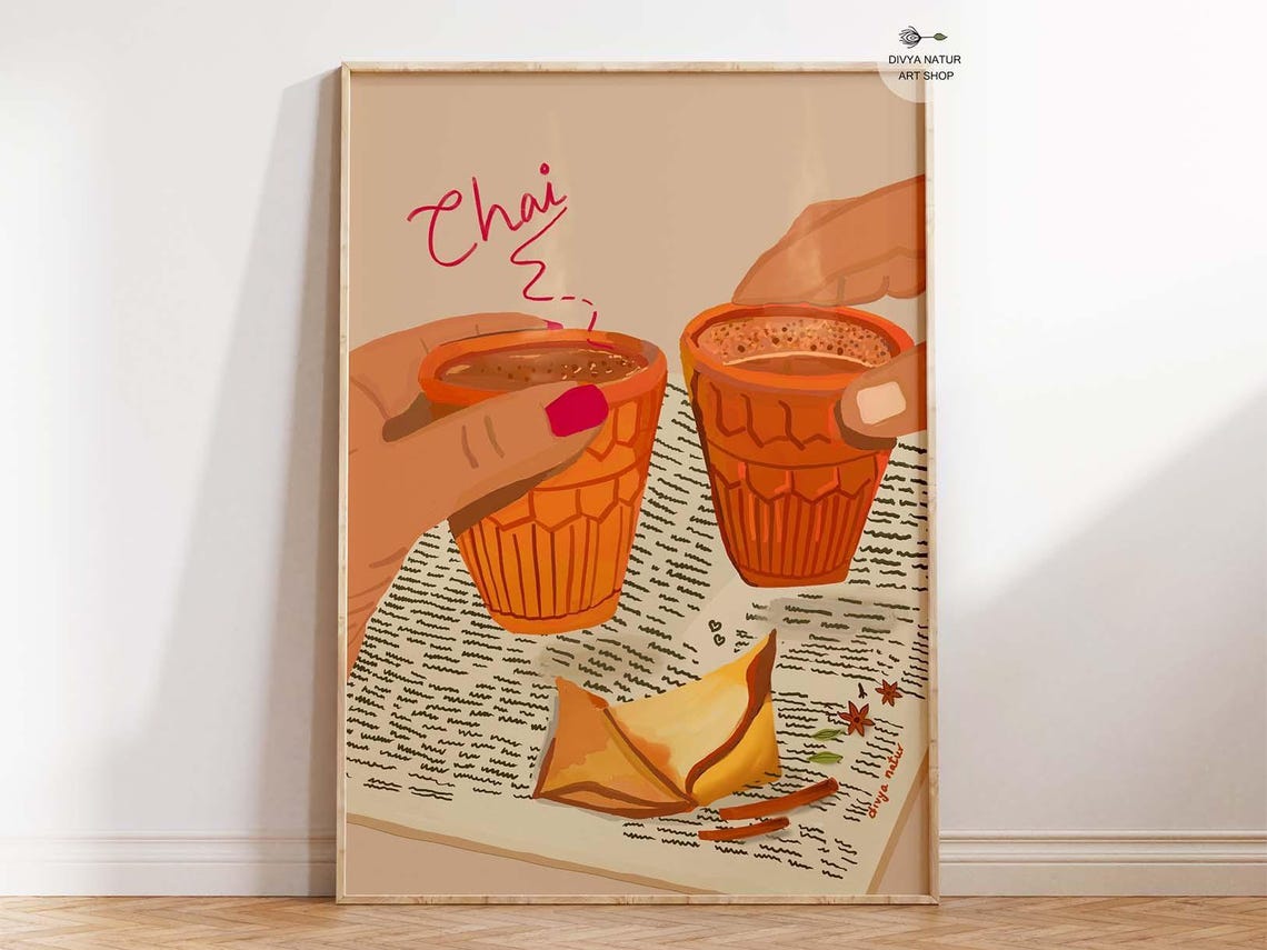 Warm Chai In Clay Cups With Samosa Cozy Illustration Art Poster