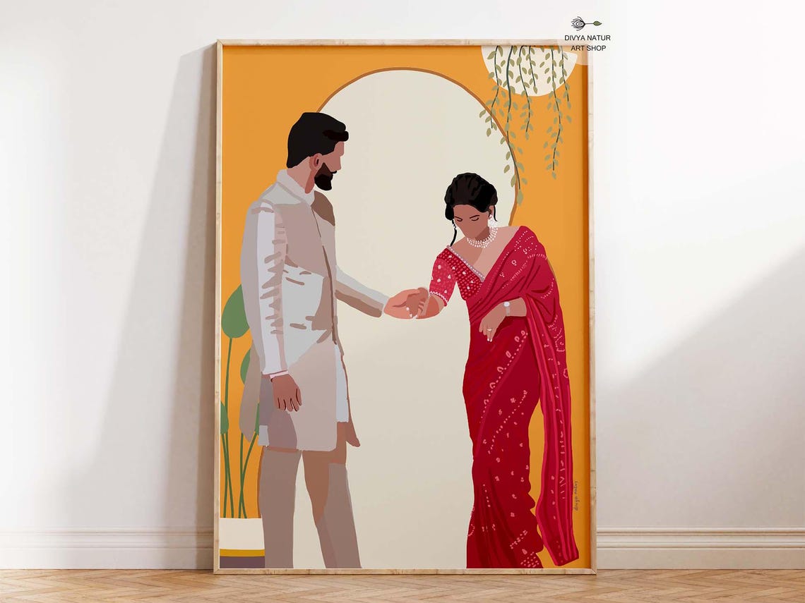 Indian Couple In Sherwani And Saree Romantic Engagement Art Print