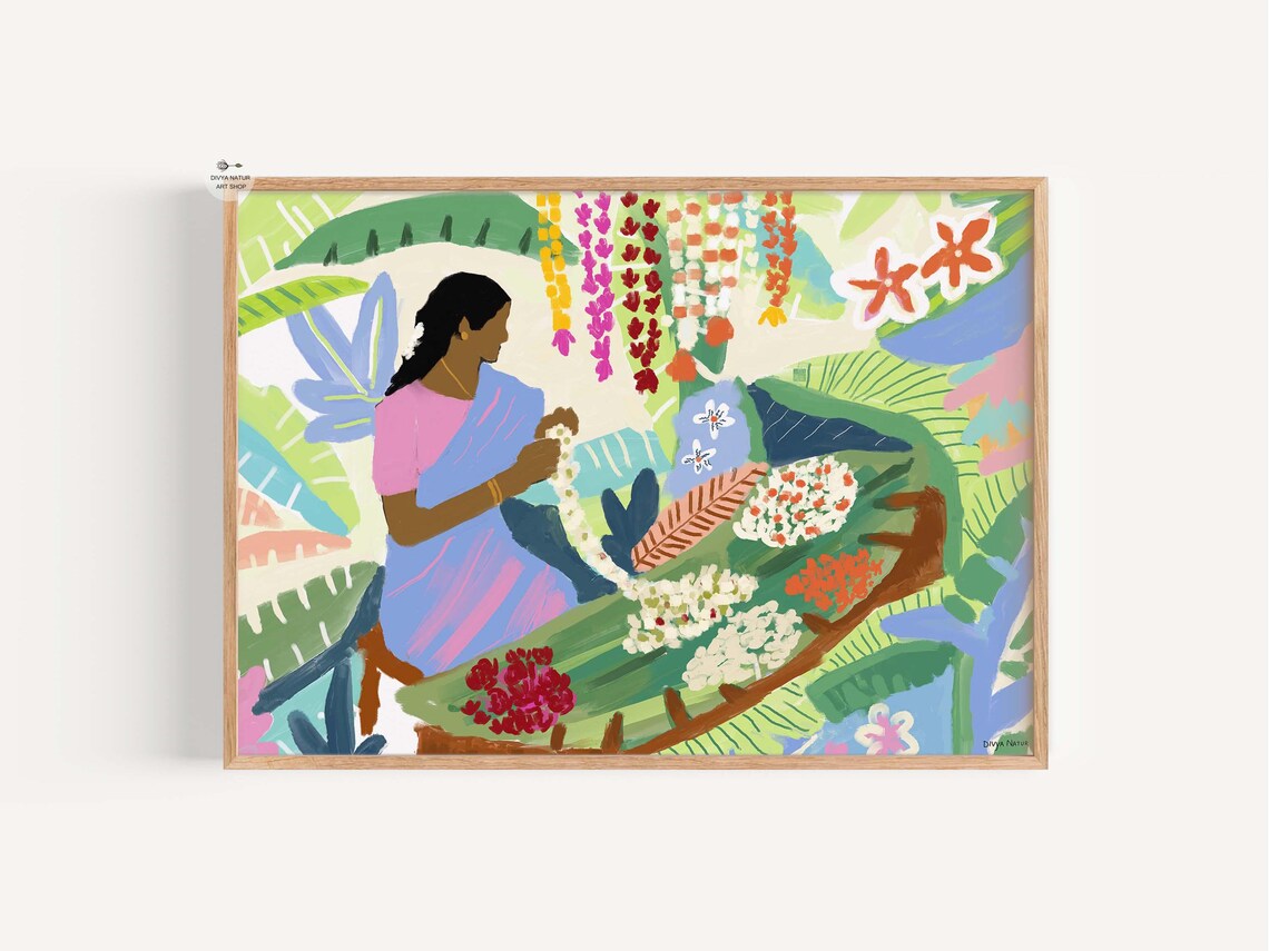 Flower Garland Maker Indian Woman Colorful Market Street Art Print