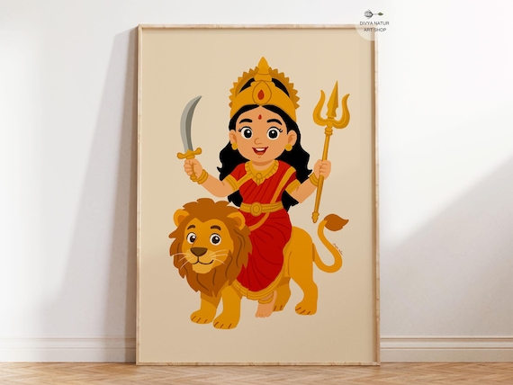 Baby Durga Art Print Goddess On Lion Kids Room Hindu Wall Navratri Decor Mythology Illustration