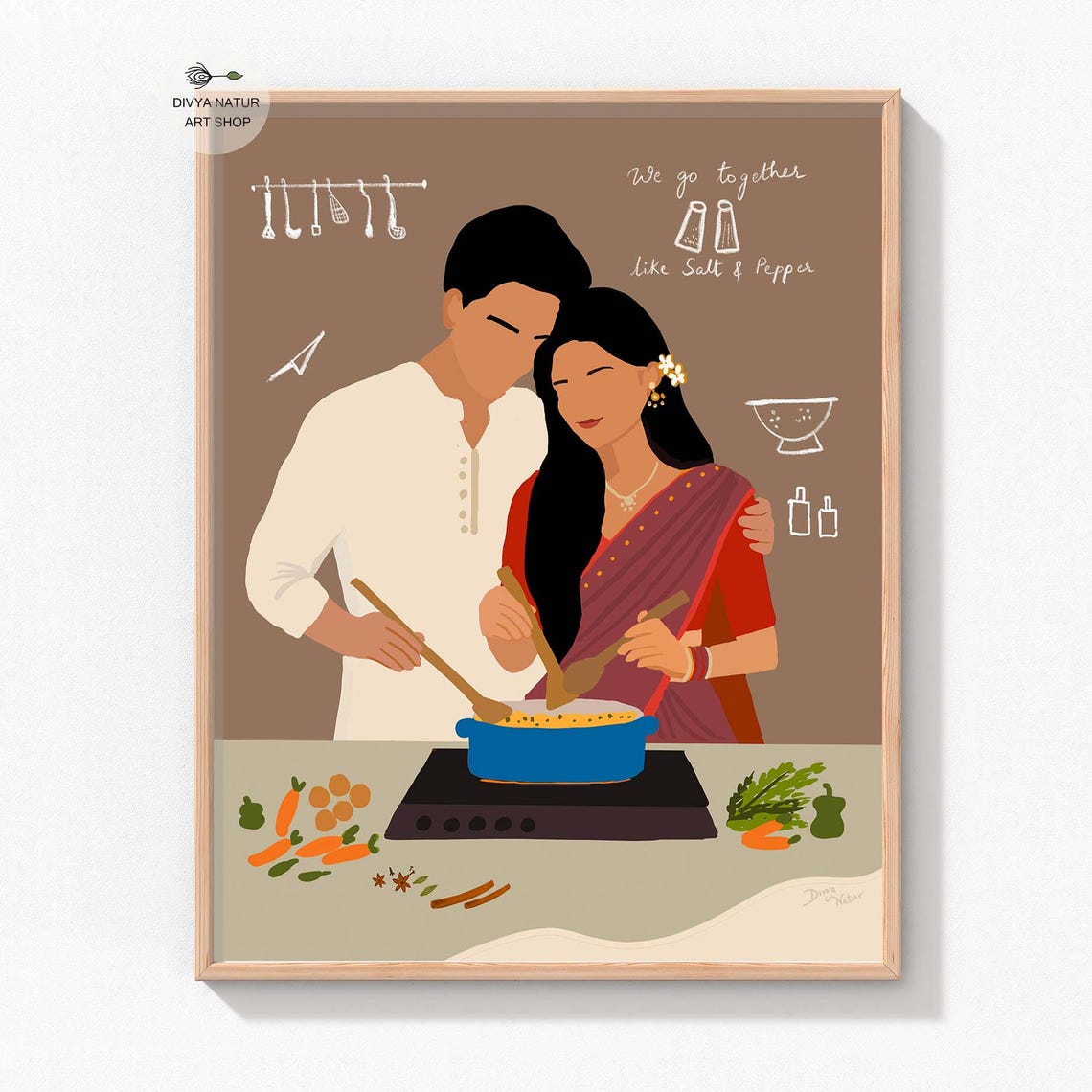 Sweet Couple Cooking Together Kitchen Salt Pepper Love Art Print