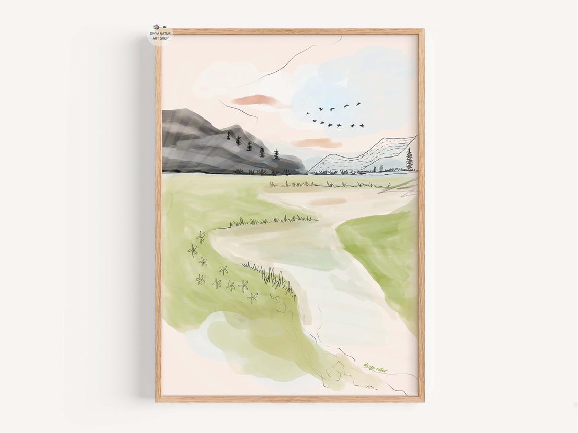 Minimal Abstract River Landscape Watercolor Soft Green Art Poster
