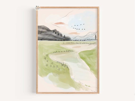 Abstract Mountain Landscape Print Boho Floral Nature Art