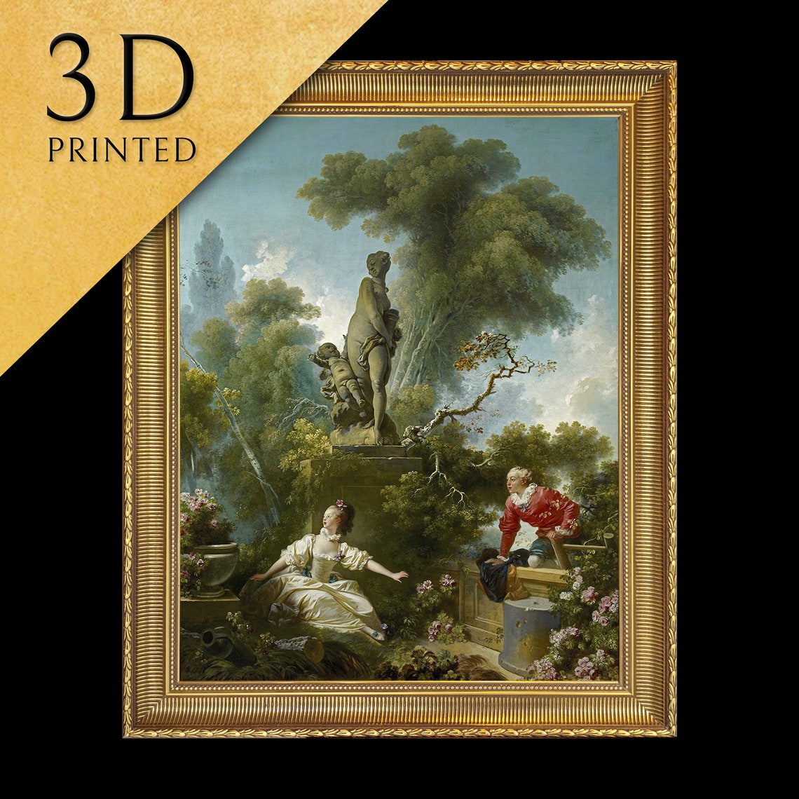 Rococo Garden Lovers Statue Classical Romance Vintage Art Print
