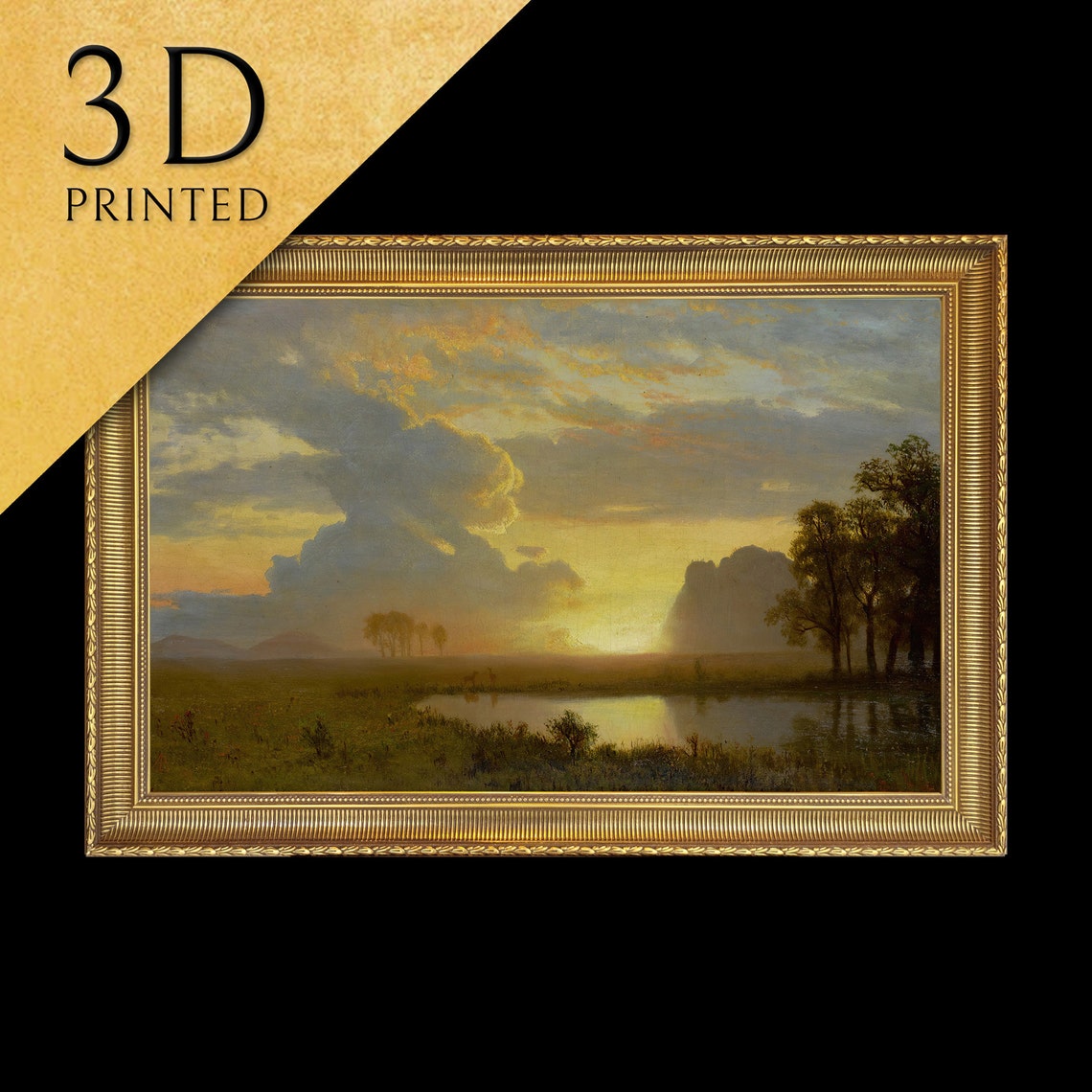 Golden Sunset Over a Grassy Prairie Plain and Still Pond Art Poster