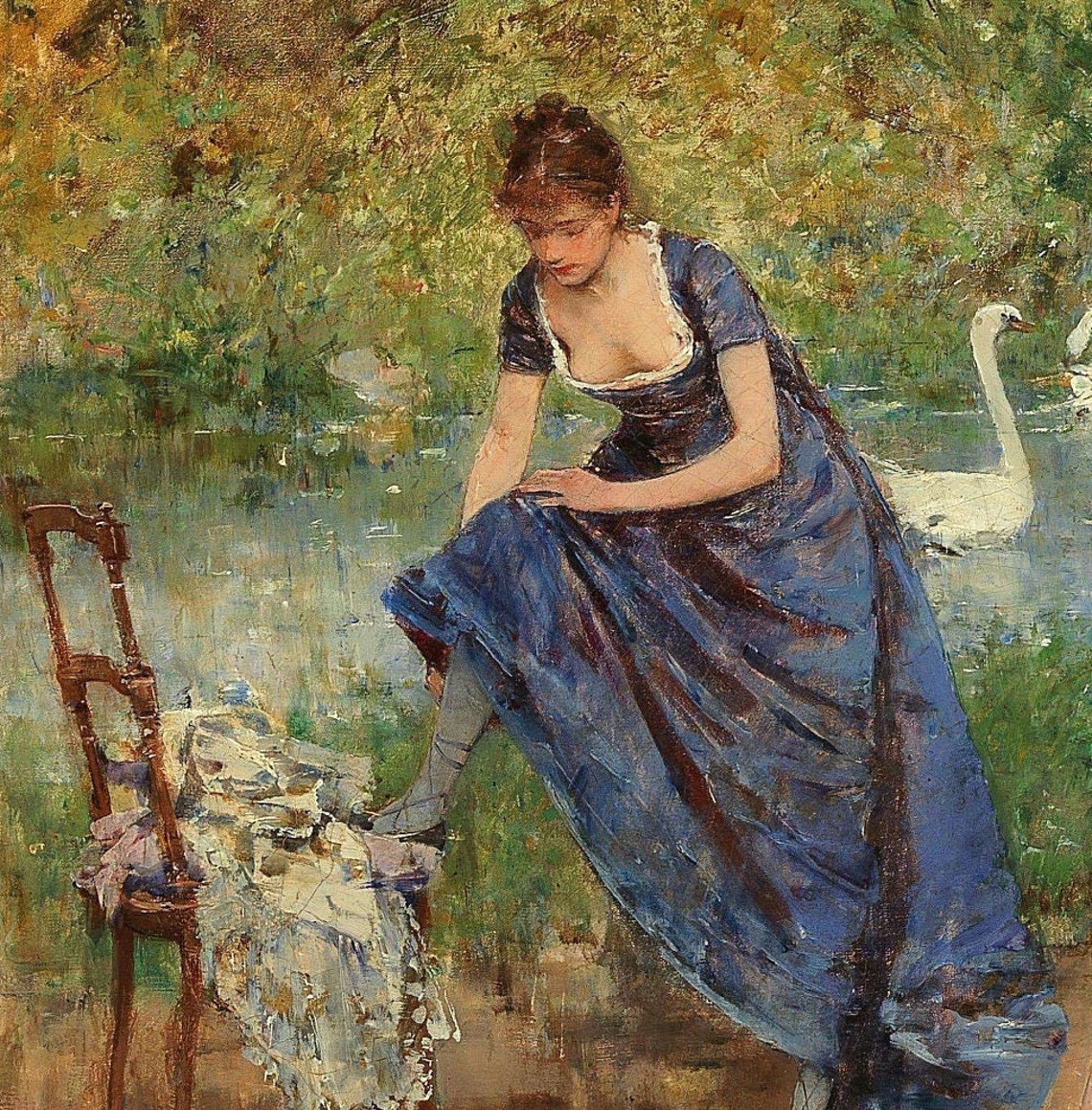 Francesc Miralles Women by the Lake Swans Garden Scene Textured Print - Image 2