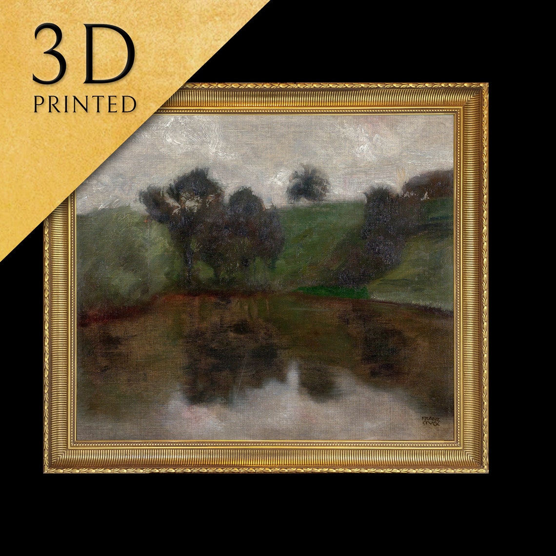 Dark Trees Mirrored in a Still Pond at Dusk Landscape Art Poster