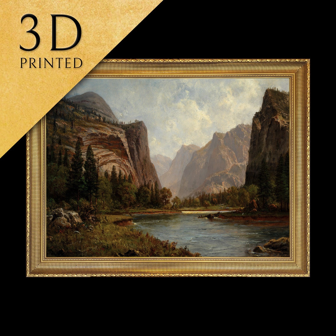 Grand Mountain Valley River and Pine Forest Landscape Art Poster