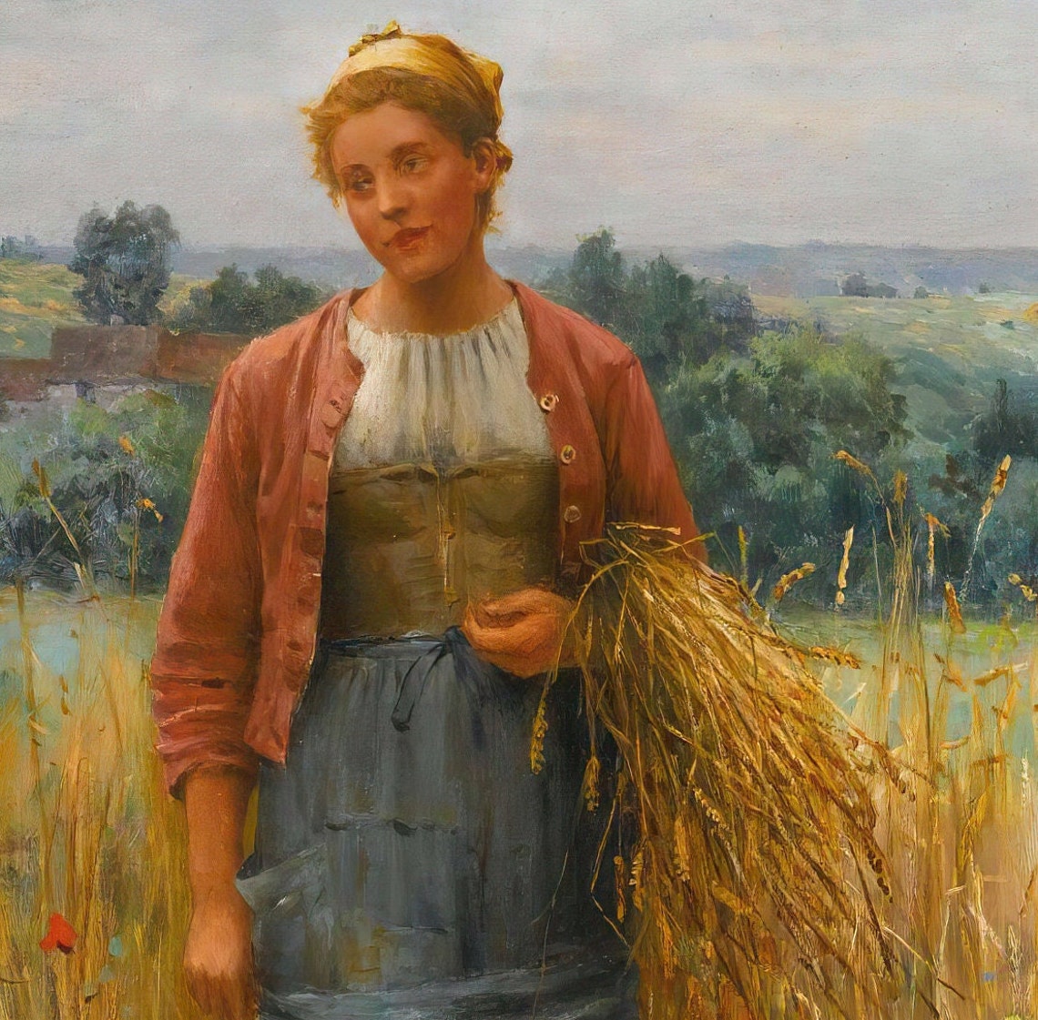 Daniel Ridgway Knight Jeannine Gleaning Wheat Field Textured Print - Image 3