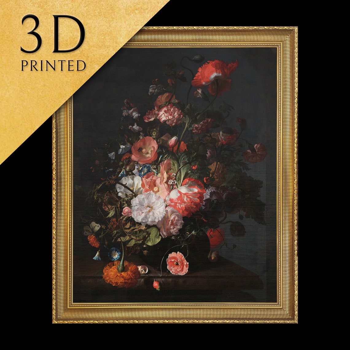 Old Master Flower Bouquet Poppies Roses Dark Vintage Still Life Print
