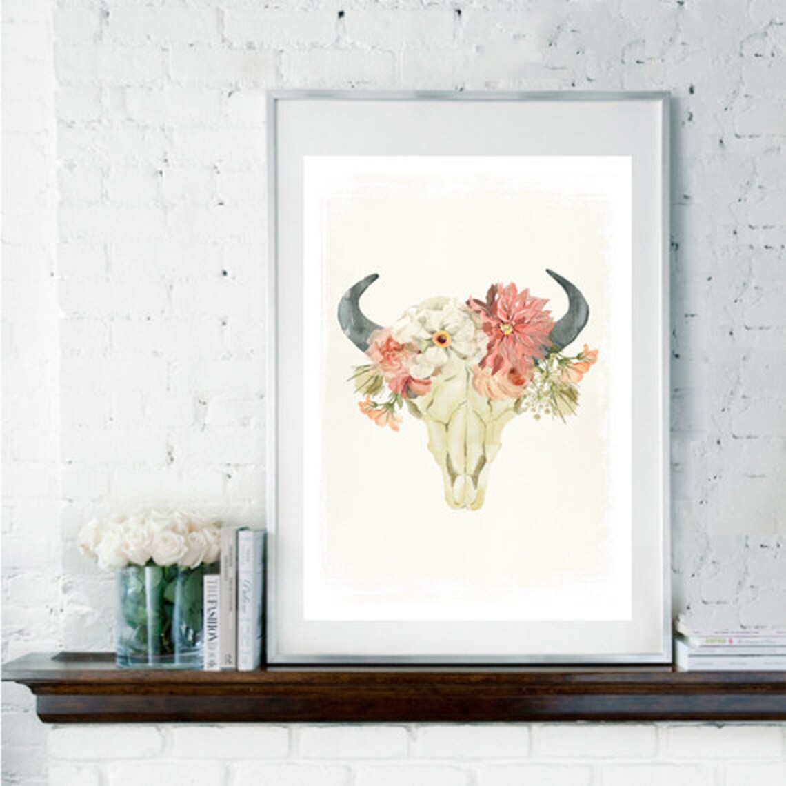 Floral Bull Skull Watercolor Bohemian Western Style Poster Art - Image 2